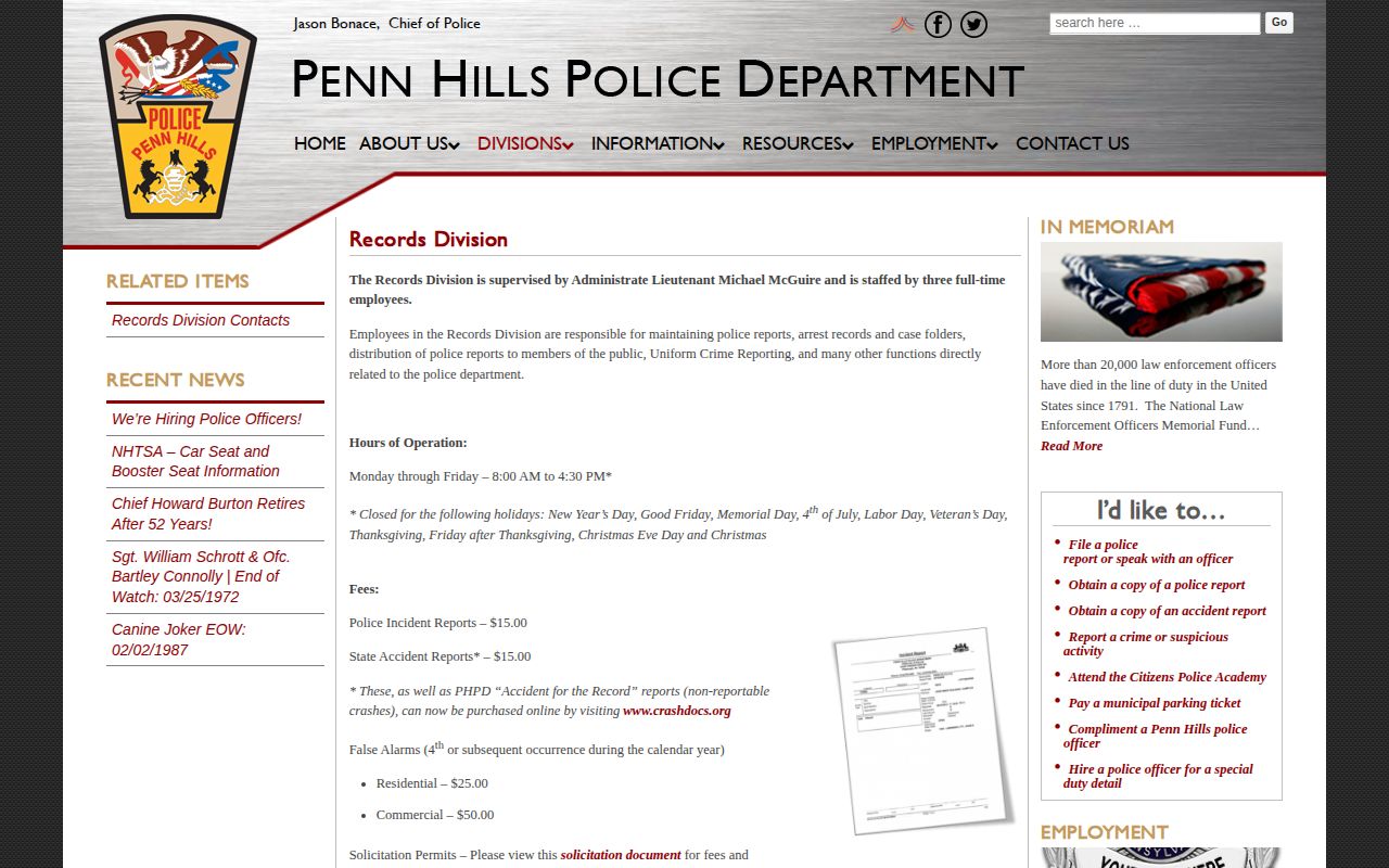 Penn Hills Police Records Division page